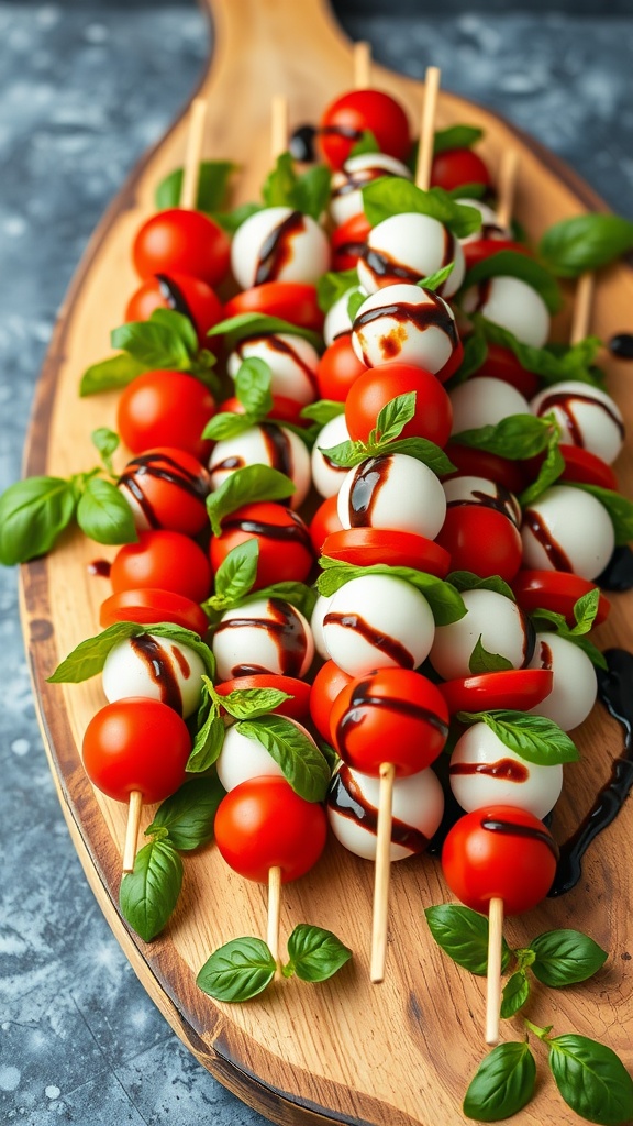 Colorful Caprese skewers with cherry tomatoes, basil, mozzarella on a wooden platter, drizzled with balsamic glaze.